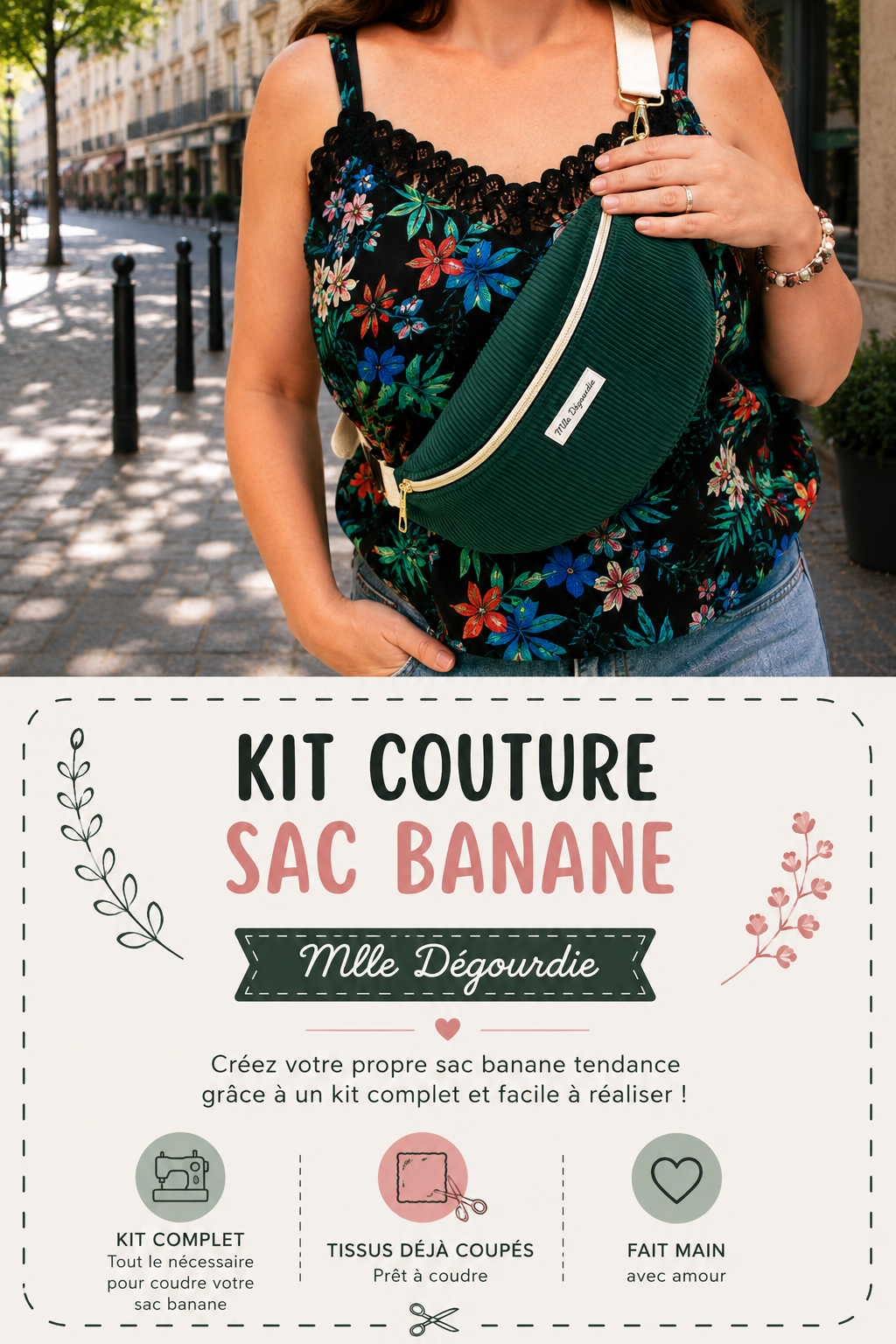 Kit couture complet sac banane velours côtelé, tissus coupés et mercerie fournis ainsi qu'une gamme de montage– Mlle Dégourdie