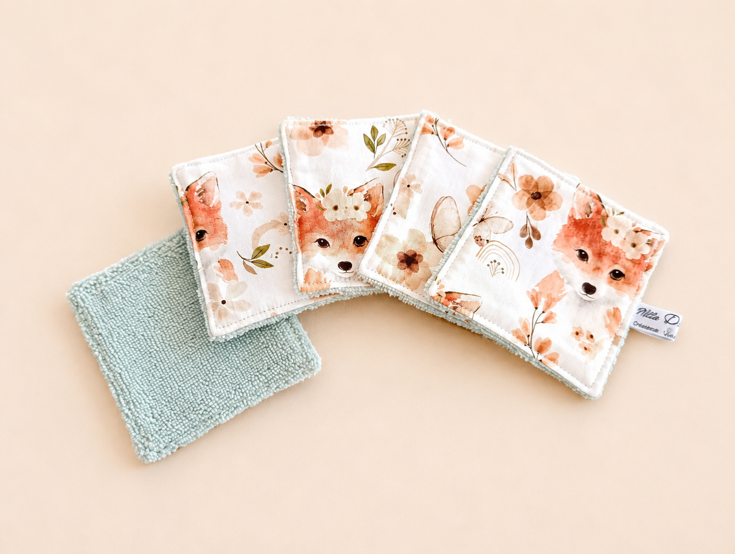 Lot de 5 lingettes lavable avec motif renard