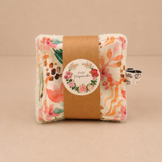 Lot de 5 lingettes démaquillantes lavables faites main, Imprim_Floral_Aquarelle, personnalisables – Mlle Dégourdie
