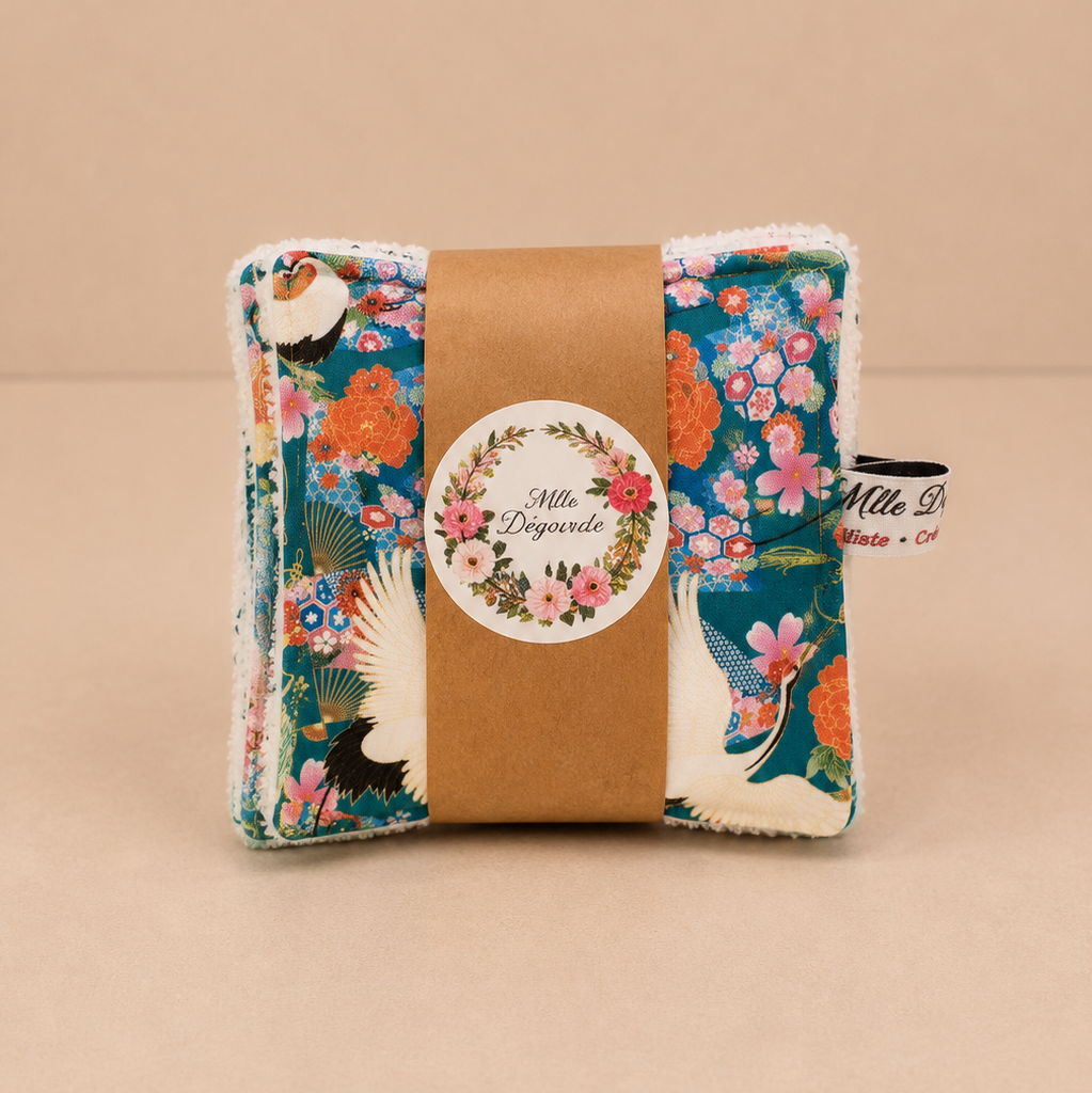 Lot de 5 lingettes démaquillantes lavables faites main, Imprim_Grue_ventails_Fleuris, personnalisables – Mlle Dégourdie