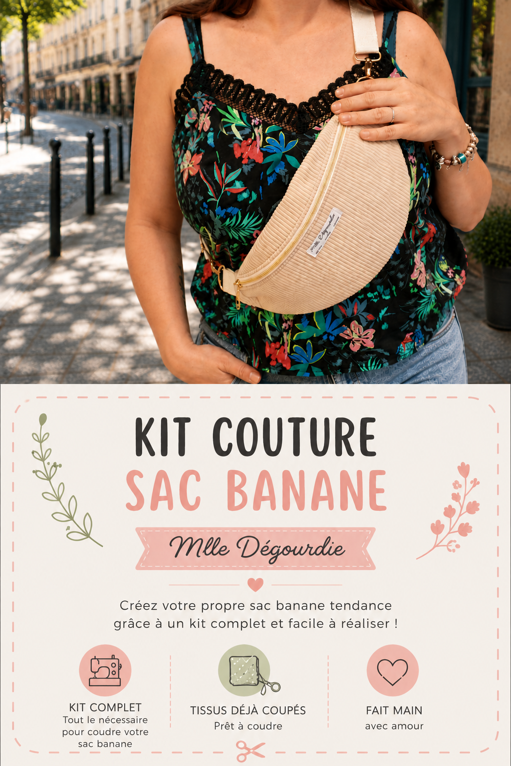 Kit couture complet sac banane velours côtelé, tissus coupés et mercerie fournis ainsi qu'une gamme de montage– Mlle Dégourdie