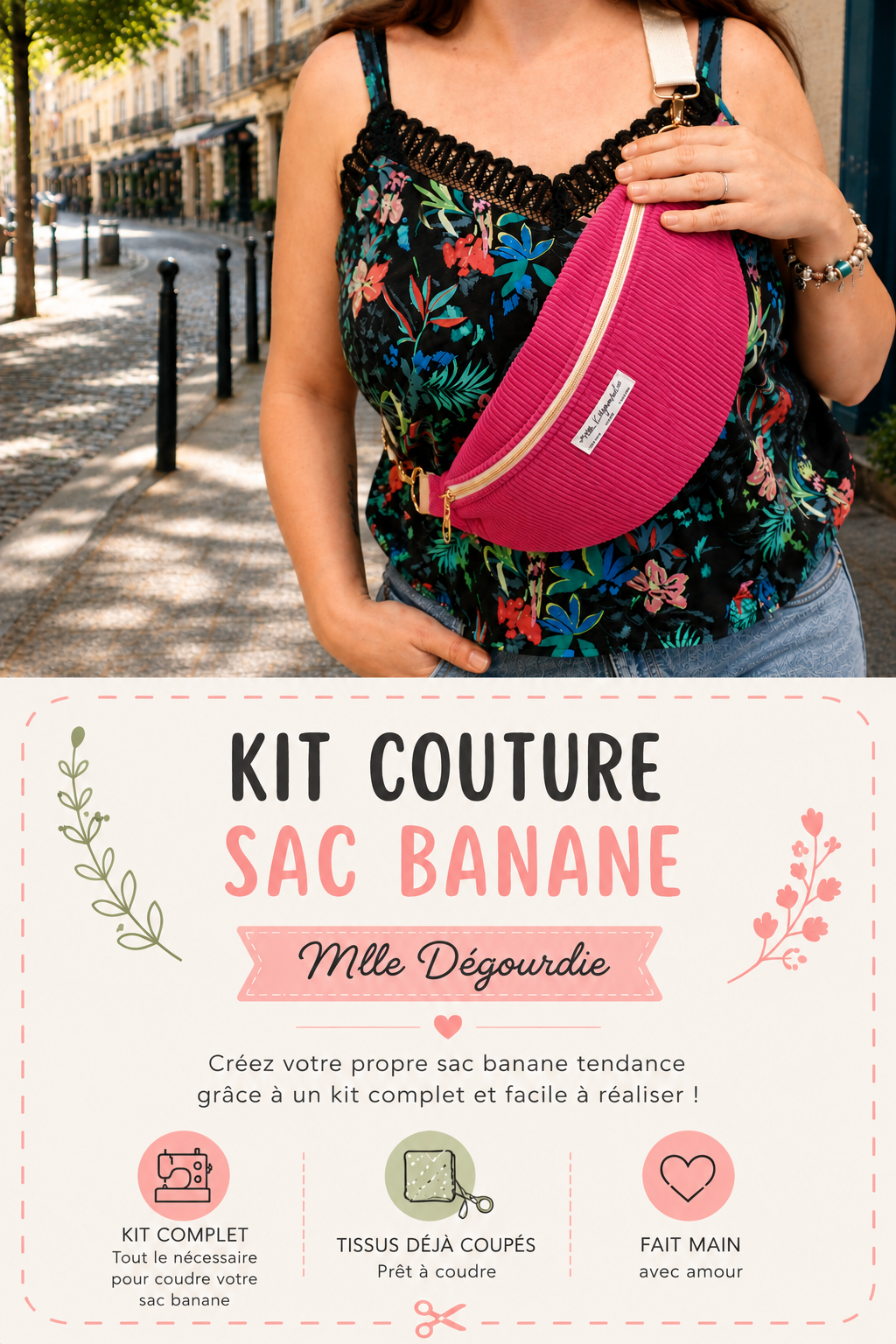 Kit couture complet sac banane velours côtelé, tissus coupés et mercerie fournis ainsi qu'une gamme de montage– Mlle Dégourdie