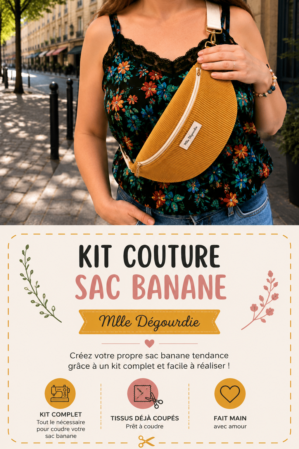 Kit couture complet sac banane velours côtelé, tissus coupés et mercerie fournis ainsi qu'une gamme de montage– Mlle Dégourdie