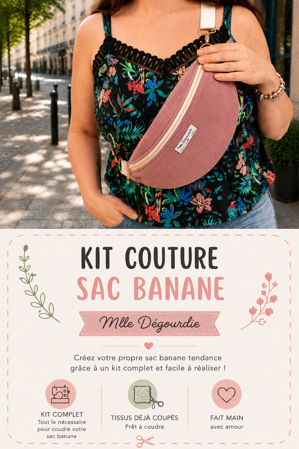 Kit couture complet sac banane velours côtelé, tissus coupés et mercerie fournis ainsi qu'une gamme de montage– Mlle Dégourdie