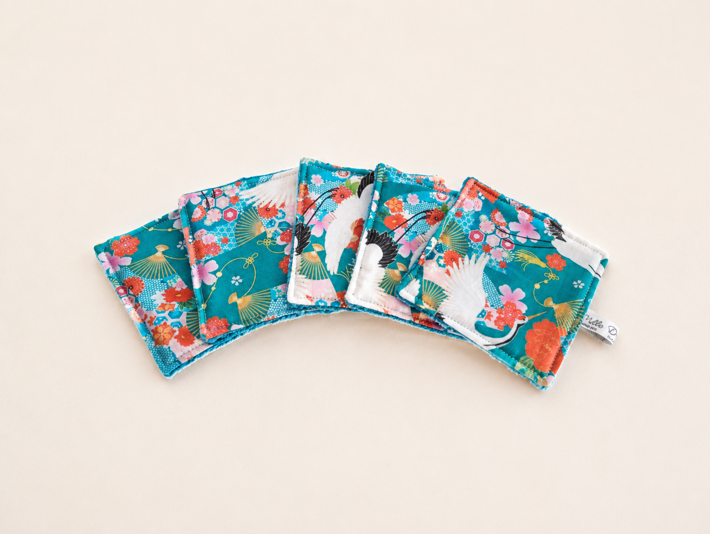 Lot de 5lingettes imprimé grue éventails fleuris emeraude
