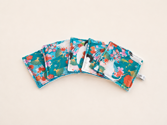 Lot de 5lingettes imprimé grue éventails fleuris emeraude