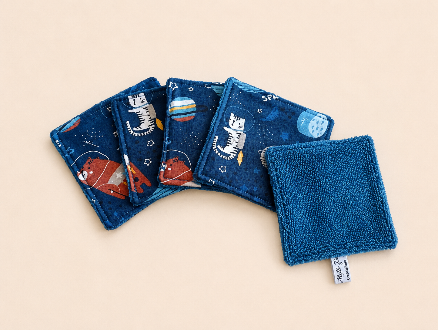 Lot de 5 lingettes lavable avec animaux dans l'espace