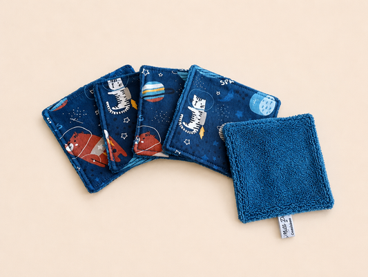 Lot de 5 lingettes lavable avec animaux dans l'espace